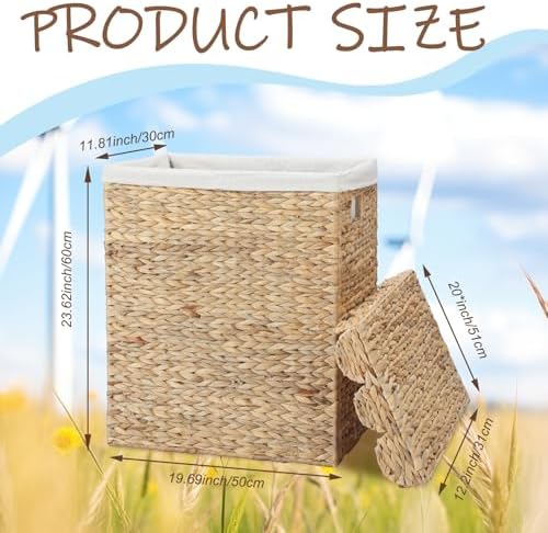 Leinuosen Large Scalloped Laundry Basket with Lid and Removable Liner Bag Natural Woven Water Hyacinth Laundry Hamper Rectangular Hamper for Clothes Towel Bathroom Bedroom, 19.69 x 11.81 x 23.62 Inch