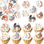 Gyufise 48Pcs Edible Floral Horse Cupcake Toppers Wafer Paper Western Cowgirl Cupcake Toppers Picks for Western Derby Horse Theme Party Decoration Supplies