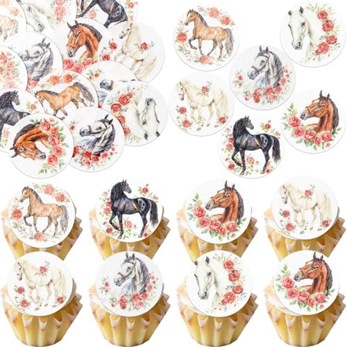Gyufise 48Pcs Edible Floral Horse Cupcake Toppers Wafer Paper Western Cowgirl Cupcake Toppers Picks for Western Derby Horse Theme Party Decoration Supplies