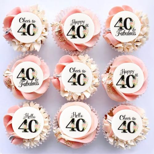 40Pcs Edible Circle Happy 40th Birthday Cupcake Toppers Edible Floral Hello 40 Fabulous Cheers to 40 Cupcake Picks Drink Toppers for Funny Female Floral 40th Birthday Party Decorations