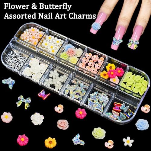 5 Boxes 3D Flower Nail Charms Colorful Acrylic Flower Petals Floral Nail Rhinestones with Caviar Beads and Flatback Pearls Color Gems Nail Diamonds Hawaii Flowers Butterfly Nails Jewels for Women