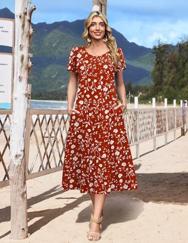 HOTOUCH Summer Dresses for Women 2026 Casual Midi Dress Petal Short Sleeve A Line Dress Pleated Flare Sundress