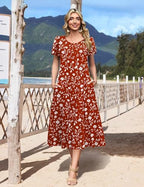 HOTOUCH Summer Dresses for Women 2026 Casual Midi Dress Petal Short Sleeve A Line Dress Pleated Flare Sundress