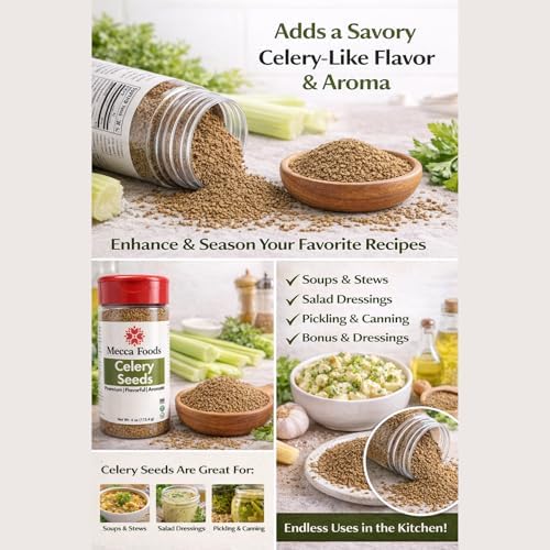 Whole Celery Seeds 4 oz – Fresh, Aromatic & Premium Quality – Packed in a Resealable PET Jar for Lasting Freshness – Perfect for Cooking, Pickling & Spice Blends – Mecca Foods