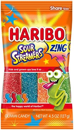 HARIBO Gummi Candy, Z!NG Sour Streamers Gummy Candy, 4.5 Ounce Share Size Bags (Pack of 12) Delicious Soft & Chewy Snacks, Assorted Fruity Flavors