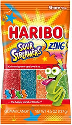 HARIBO Gummi Candy, Z!NG Sour Streamers Gummy Candy, 4.5 Ounce Share Size Bags (Pack of 12) Delicious Soft & Chewy Snacks, Assorted Fruity Flavors