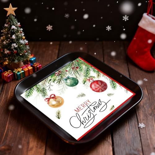 50 Pcs Christmas Paper Napkins 13 x 13 Inches, Disposable Luncheon Dinner Party Napkins Xmas Balls Wreath Theme for Winter Holiday Christmas Party Decorations