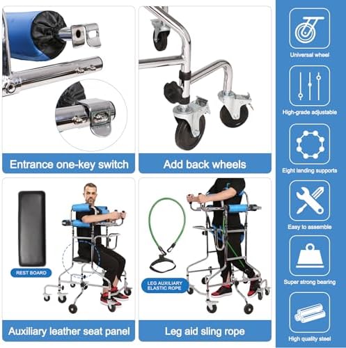 Adult Standing Walker for Seniors, Hemiplegia Standing & Lower Limb Training, Upgraded Double Pads, 8 Wheels Anti-Tilt Mobility Aid, Fits 58-71 in, withstands 220 lbs