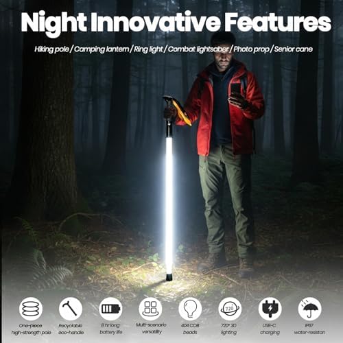 Walking Stick with LED Light for Night Climb, Recharged Glowing Travel Trekking Pole IP67 Waterproof Hiking Poles, Portable Mobility Aid for Women Men Home Camping, Hiking, Emergency, Hikers Gift