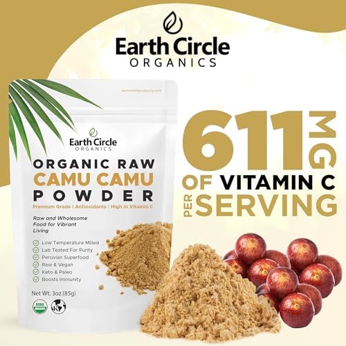 Earth Circle Organics Camu Camu Powder – Organic Raw Berry Powder with Natural Vitamin C & Antioxidants – Vegan, Kosher, Non-GMO Superfood for Immunity & Energy – 3oz (Pack of 1)