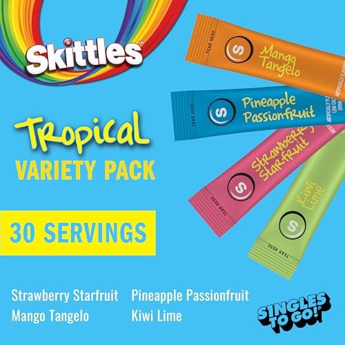 SINGLES TO GO! Skittles Singles To Go Tropical Flavors Variety Pack, Powdered Drink Mix, Strawberry Starfruit, Mango Tangelo, Kiwi Lime, Pineapple Passionfruit, 1 Box (30 Single Servings)