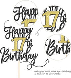 1 PCS Happy 17th Birthday Cake Topper Black Gold Glitter Cheers to 17 Years Birthday Cake Pick 17 Fabulous Cake Decoration for Happy 17th Birthday Anniversary Party Decorations Supplies