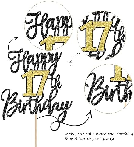 1 PCS Happy 17th Birthday Cake Topper Black Gold Glitter Cheers to 17 Years Birthday Cake Pick 17 Fabulous Cake Decoration for Happy 17th Birthday Anniversary Party Decorations Supplies