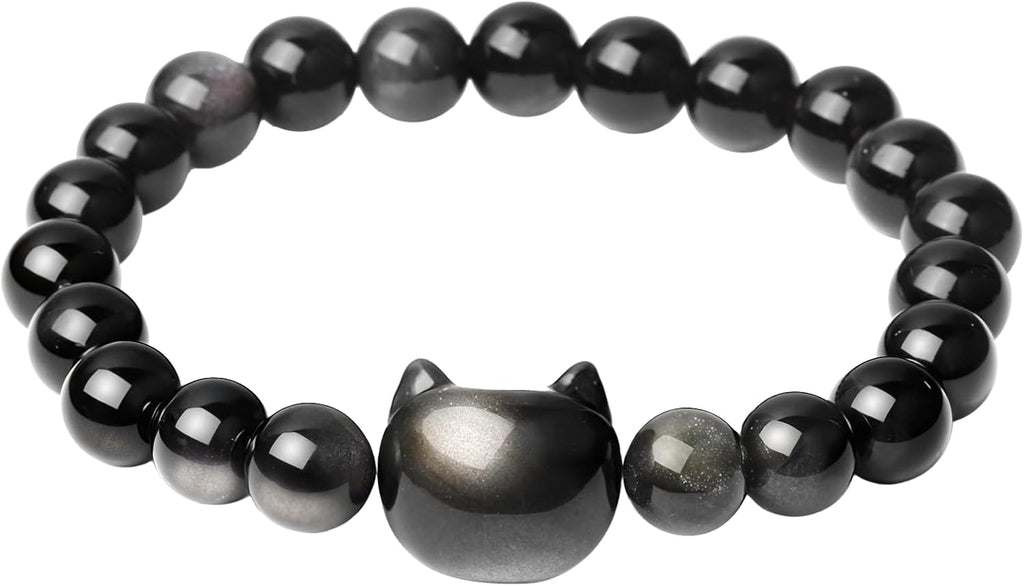 Attraction Cat Bracelet Crystal Black Cat Bracelet Black Obsidian Women Bracelets Natural Stone Beaded Bracelets Cute Protection Stretch Jewelry Good Luck Jewelry for Women Men