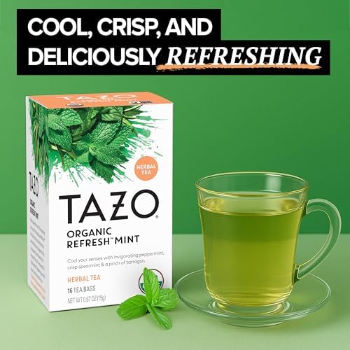 TAZO Organic Refresh Mint Herbal Tea Bags with Peppermint and Spearmint, Caffeine Free, 16 Total Tea Sachets