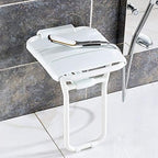 White Shower Seat with Leg, Wall Mount Folding Bathroom Stool Fold Up Changing Shoes Stool Bath Chair for Adults Elderly Disabled, Aluminum Alloy Frame