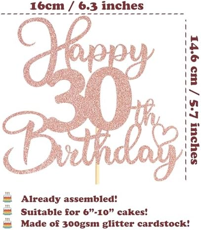 Sotpot 1 Pack 30th Birthday Cake Topper Double-sided Rose Gold Glitter Cake Pick Cake Decoration for Happy 30th Birthday Anniversary Party Decorations