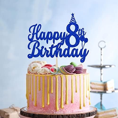 Happy 8th Birthday Cake Topper, Eight is Great, Great to Be 8, for Boy's or Girl's 8 Year Old Decorations Blue Glitter