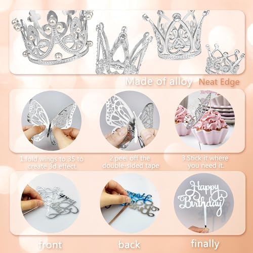 44 PCS Grown Cake Decorations 16 PCS Mini Crowns with 24 PCS Butterfly Wall Decors and 4 PCS Birthday Insert Cards for Women Girl Crown Birthday Party Wedding Cake Decor (Silver)
