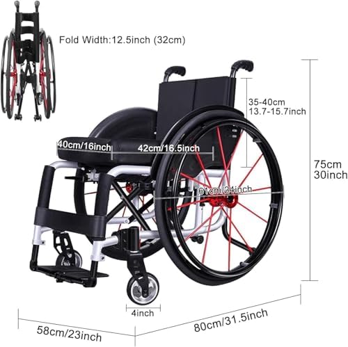 Lightweight Aluminum Alloy Sport Wheelchairs for Adults, Portable All Terrain Travel Mobility Wheelchair, Folding Self-Propelled Wheel Chair for Elderly Transfer Chair,A-Seatwidth:36