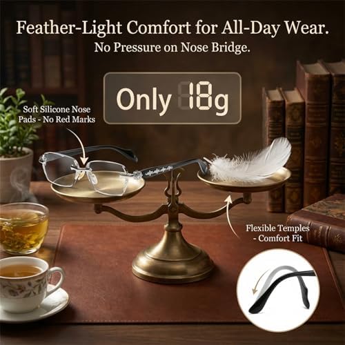 Frameless Reading Glasses with Clear Lenses, Diamond-Cut Edges & Fashion Metal Temple Decor