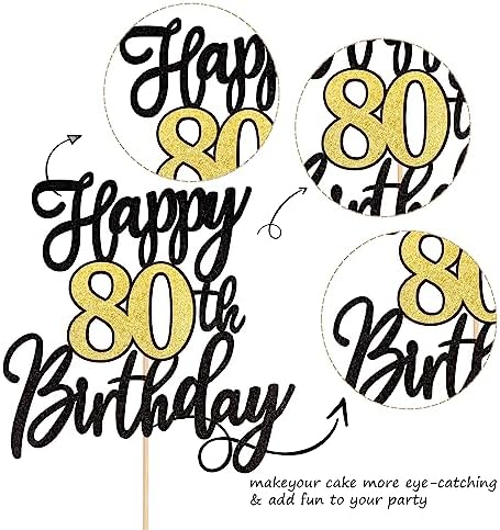 1 PCS Happy 80th Birthday Cake Topper Black Gold Glitter Cheers to 80 Years Birthday Cake Pick 80 Fabulous Cake Decoration for Happy 80th Birthday Anniversary Party Cake Decorations Supplies