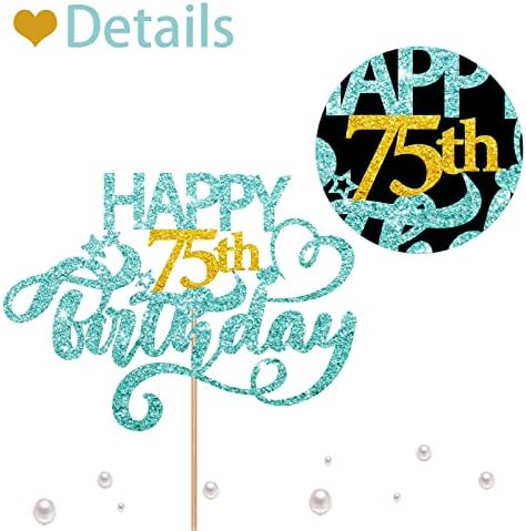Sky Blue Glitter Happy 75th Birthday Cake Topper, 75th Birthday Party Cake Decor, Gold Number 75