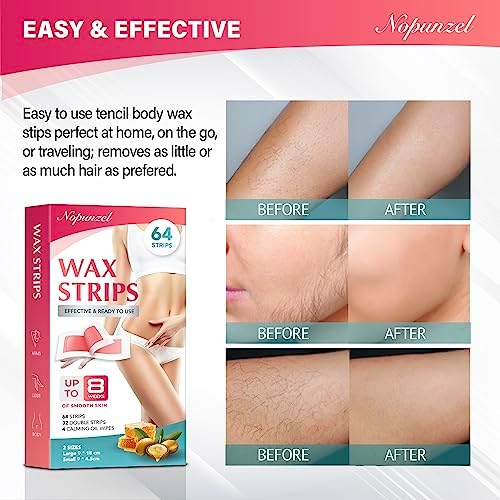 Wax Strips: 64 Waxing Strips - Hair Removal Wax - Brazilian Waxing - Waxing Kit for Women - Body Legs Arms Chest Back Bikini - Wax Kit At Home for Hair Removal - 4 Calming Oil Wipes - 2 sizes