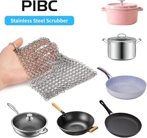8"x6" Cast Iron Scrubber Stainless Steel Chainmail Cleaner for Pre-Seasoned Pans, Griddles, BBQ Grill and Pot Cookware Cleaning