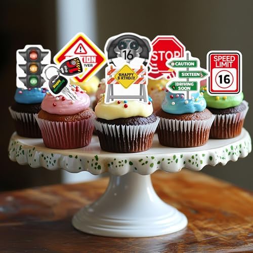 45PCS Edible 16th Drivers License Cupcake Toppers Wafer Paper 16th Happy Birthday Cupcake Picks Road Signs 16 Years Old Cake Decor for Learner Driver Car Theme Party Supplies