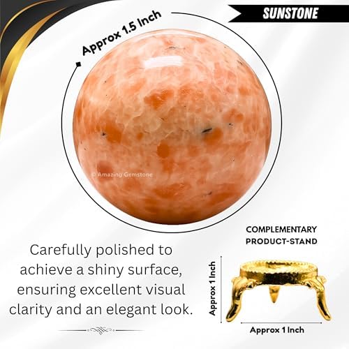 Amazing Gemstone Sunstone Crystal Ball with Stand - 1.5 Inches Crystal Sphere Meditation Balls for Witchcraft and Decorative Balls