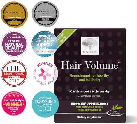 NEW NORDIC Hair Volume Tablets, 3000 mcg Biotin & Biopectin Apple Extract, Hair Vitamins to Support Natural Hair Growth, 90 Count (Pack of 1)