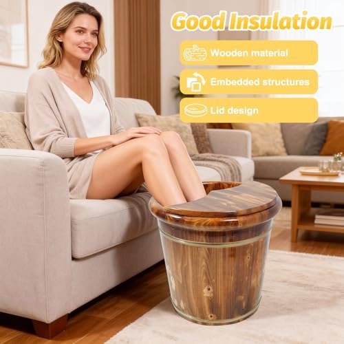 Wood Foot Bath Bucket, Portable Pedicure Bowl Soaking Tub Feet Massage Barrel Solid Wood Round Sauna Feet Basin Footbath Barrel with Massage Beads Plate and Lid for Home Spas Bath Centers