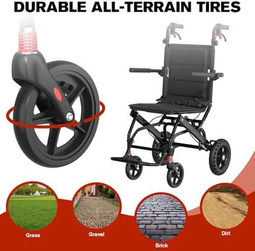 Lightweight Transport Portable Folding Wheelchair, Ultra-Light Wheelchair (Only 17lbs) with Telescopic Handle & Cupholder for Adults Seniors Kids,Support 220lbs