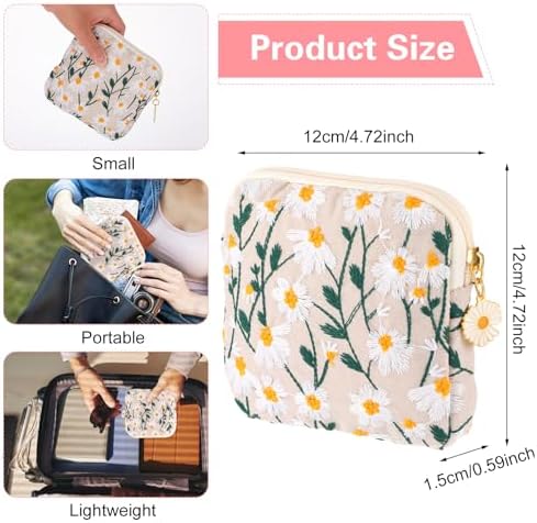 2 Pack Daisy Embroidered Sanitary Napkin Storage Bags, Cotton Menstrual Cup Pouch, Portable Tampon Holder, Period Kit for Women, Teen Girls