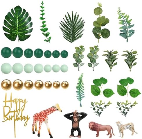 40 PCS Safari Jungle Cake Toppers Chimpanzee Monkey Cake Toppers Animals Figure Gold Palms Jungle Wild One Animals Cake Decorations for Safari Birthday Supplies