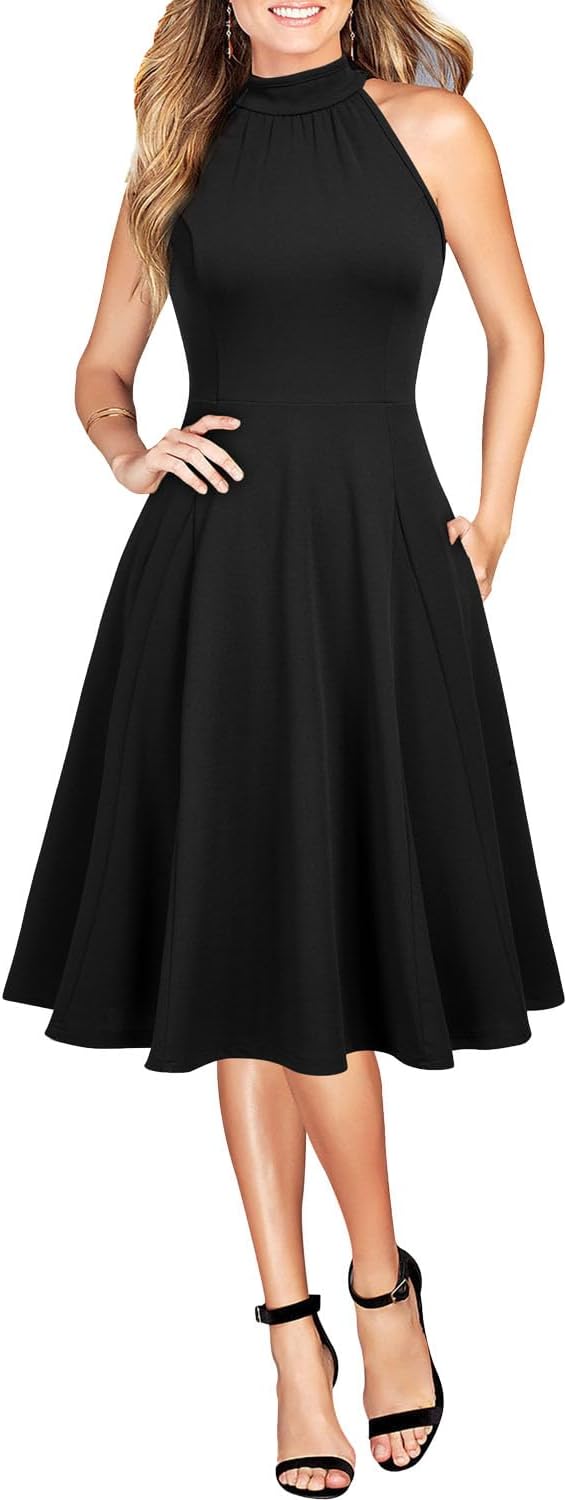 WOOSEA Womens Sleeveless Halter Neck Bodycon A-Line Cocktail Party Pockets Swing Dresses