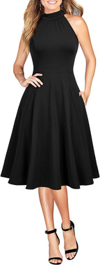 WOOSEA Womens Sleeveless Halter Neck Bodycon A-Line Cocktail Party Pockets Swing Dresses