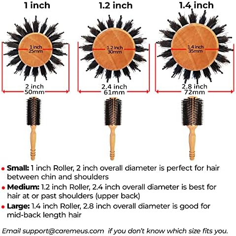 High-Density Boar Bristles Wood Round Brush for Blow-Drying, Straightening & Styling Medium to Long Fine or Normal Hair (Shoulder to Back-Length) for Shine & Volume, 1.2" Roller, 2.4" with Bristles