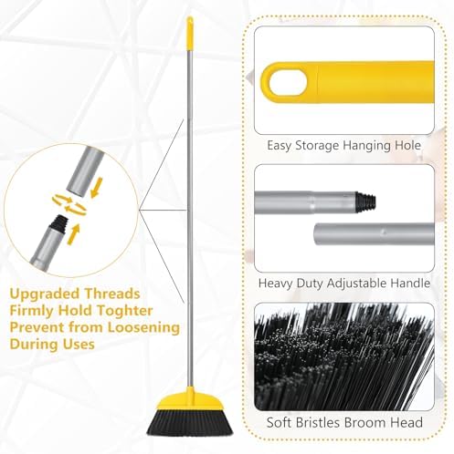 Broom for Hardwood Floors Indoor Sweeping Brooms with Soft Bristles and 55” Long Handle for Tile Laminate Deck Hard Floor Cleaning-Yellow