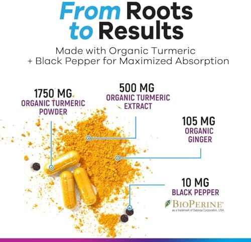 Turmeric Curcumin Supplement - 1750mg Organic Turmeric Per Serving - 95% Curcuminoids, Ginger & BioPerine Black Pepper for Best Absorption - Natural Vegan Joint Support, Bottled in USA - 360 Capsules