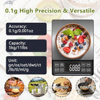 Digital Food Scale with 0.01oz/0.1g High Precision, Kitchen Scale 11lb/5kg Capacity, USB-C Rechargeable, LCD with Backlight, Stainless Steel Pan, Kitchen Scale for Cooking, Baking, Weight Loss