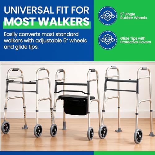 Healthline Walker 5” Wheels with Rear Glides – Universal Replacement Kit for Standard 1” Walkers – Includes 2 Fixed Front Wheels + 2 Ski-Style Glides – Smooth Indoor/Outdoor Rolling, Adjustable Height