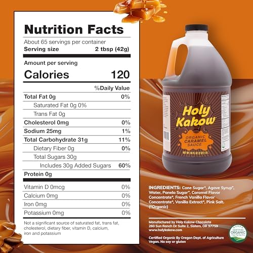 Holy Kakow Organic Caramel Sauce - Caramel Sauce for Coffee, Caramel Drizzle, Vegan Caramel Sauce, Keto Caramel Sauce for Ice Cream, Dairy-Free Caramel Sauce, Gluten-Free, Allergen-Free - 64 Oz