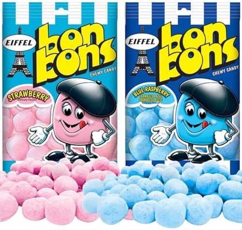 Eiffel BonBons Chewy Candy (2 Pack Variety) - Classic French Fruit Bonbons Chewy Candies - Strawberry & Blue Raspberry - Nostalgic Sweet & Tangy Treats - Bags of 4 oz
