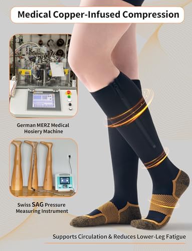 Medical Zipper Compression Socks 20-30 mmHg for Women & Men (2 Pairs) - Easy On Copper Compression Socks for Circulation, Swelling, Odor Control, Athletic, Travel, Flying