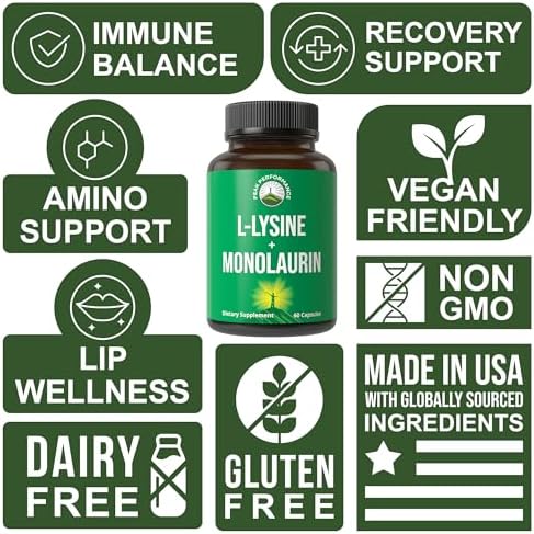 Peak Performance L Lysine 1000mg + Monolaurin 500mg High Potency Supplement for Lips, Skin, & Immune Support - L-Lysine 2-in-1 Bioavailable Supplements for Men and Women - 60 Capsules