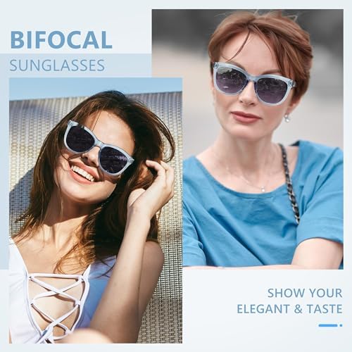 EASY READ Bifocal Reading Sunglasses for Women，Fashion Sun Readers UV400 Protection(Magnification 2.00,Blue)
