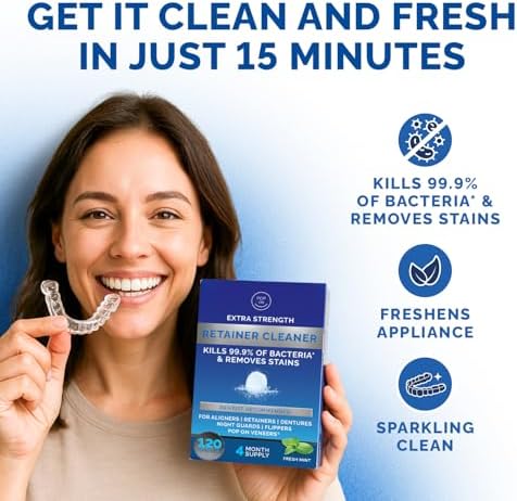 Retainer Cleaner Tablets for Invisalign Approved for Ultrasonic Cleaners -120 Denture Cleaning Tablets for Aligners, Night Guard, Mouth Guard - Denture Cleaner Tablets 4-Month Supply