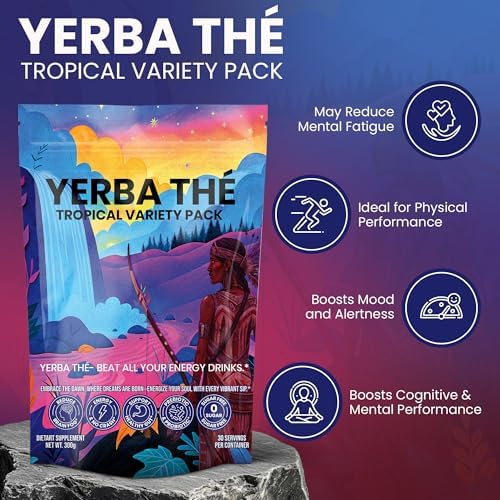 Yerba Mate Exotic Mixed Fruit Powder - Gut Health Drink with Probiotics & Prebiotics - Reduce Brain Fog, Relaxation & Focus- Natural Yerba Mate Clean Energy - Sugar-Free - 30 Sachets